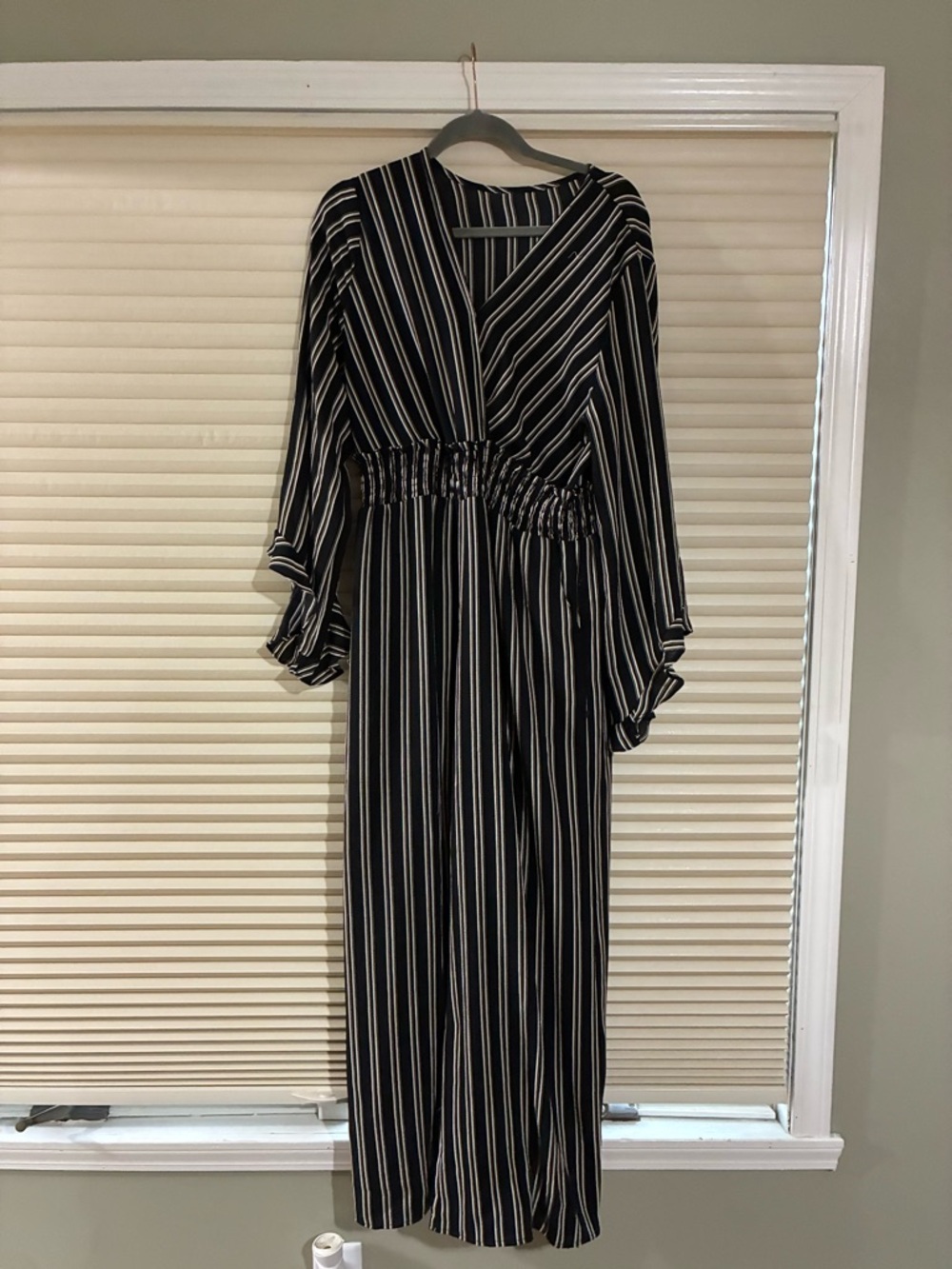 Striped Black and White V-Neck Long Sleeve Dress